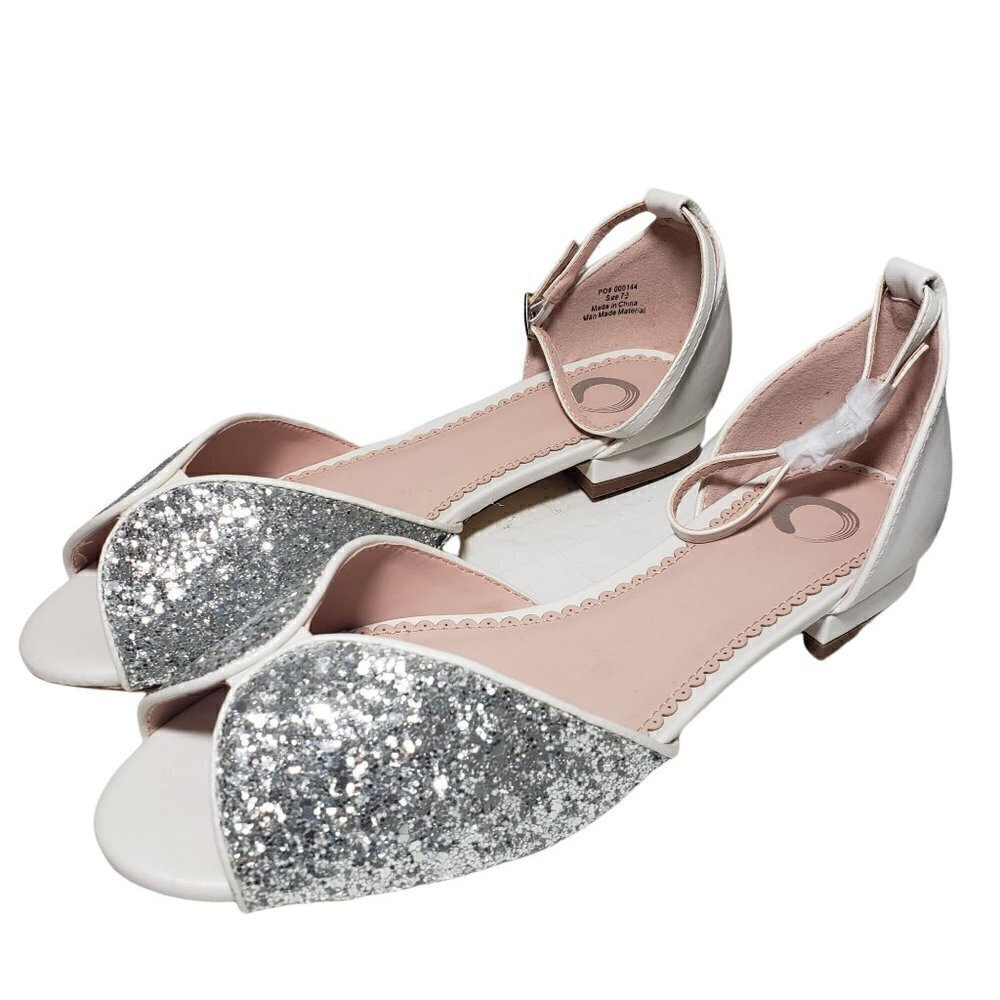 Journee Verona White Low Block Heel Silver Glitter Open Toe Buckle Pumps Sz 7.5